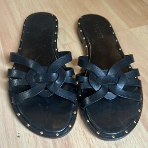 SCHUTZ Black Braided Leather Slide Sandals with Gold Stud Detail